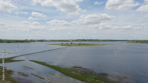 Aerial top view of heart love shape pond river lake in Amnat Charoen, Thailand. Nature landscape background, Thailand. Travel on holiday vacation. photo