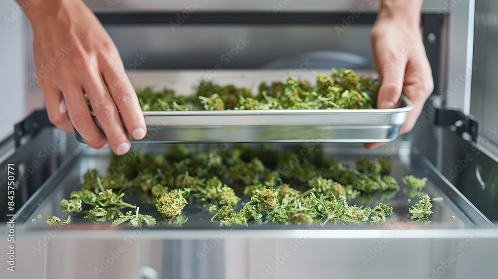 Detailed View of Hands Placing Fresh Cannabis Buds into Drying Machine on Isolated White Background Detailed View of Hands Placing Fresh Cannabis Buds into Drying Machine on Isolated White Background