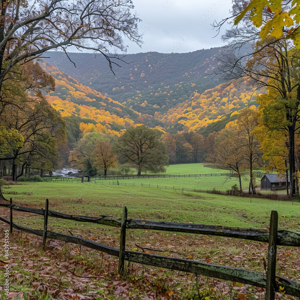 Serene Rural Autumn Scene with Vibrant Foliage and Rolling Meadows Surrounded by Colorful Trees and Majestic Mountains in the Background Serene Rural Autumn Scene with Vibrant Foliage and Rolling Meadows Surrounded by Colorful Trees and Majestic Mountains in the Background
