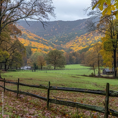Serene Rural Autumn Scene with Vibrant Foliage and Rolling Meadows Surrounded by Colorful Trees and Majestic Mountains in the Background