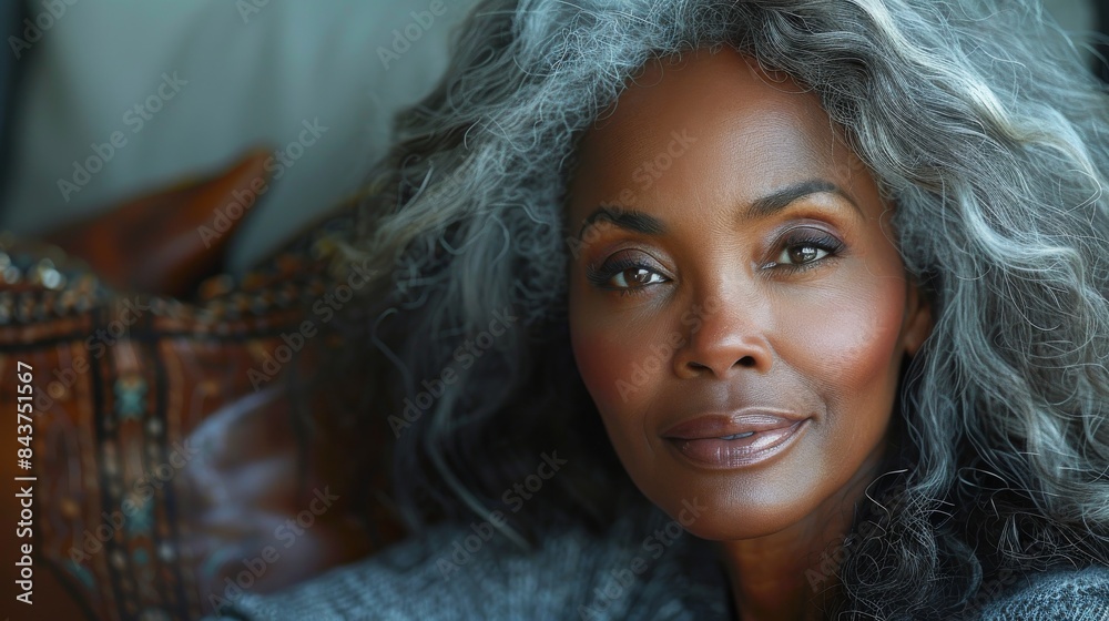 Close-up portrait of a captivating woman with grey hair and striking green eyes, looking serene Close-up portrait of a captivating woman with grey hair and striking green eyes, looking serene