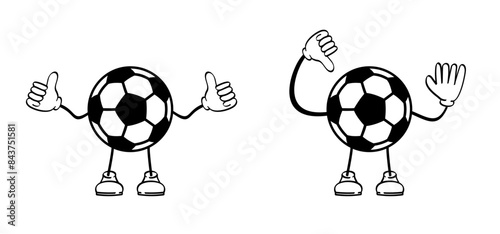 Cartoon soccer ball mascot and megaphone. Goal net. Soccer border and horn or  loudspeaker. Microphone and  stadium, supporters. wk, ek sport finale, sports game. Street ball. Playground 2024, 2027.