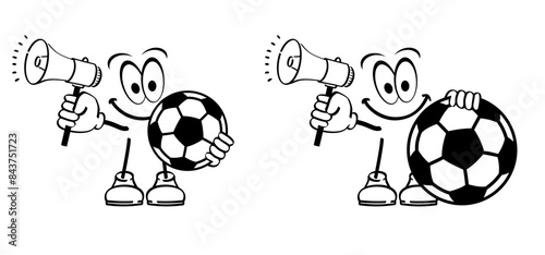 Cartoon soccer ball mascot and megaphone. Goal net. Soccer border and horn or  loudspeaker. Mcrophone and  stadium, supporters. wk, ek sport finale, sports game. Street ball. Playground 2023, 2024, 20