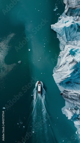 Aerial Drone View of Boat Near Glacier with Ice Mountain