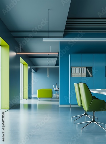 A sleek  modern office space with minimalist furniture and blue walls  accented with vibrant green accents like books or file cabinets