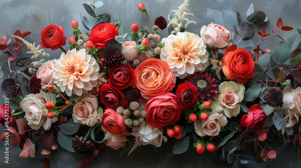 Top-down view of a lush floral arrangement with a mix of reds, whites, and greens on a dark background Top-down view of a lush floral arrangement with a mix of reds, whites, and greens on a dark background