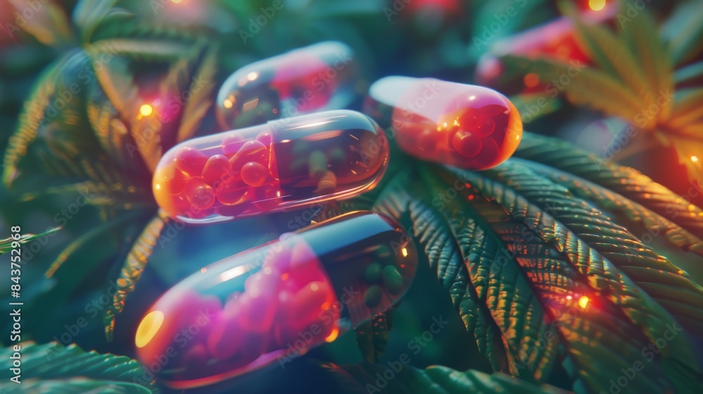 A group of translucent pills with red liquid inside, surrounded by green leaves. The pills have a futuristic aesthetic. A group of translucent pills with red liquid inside, surrounded by green leaves. The pills have a futuristic aesthetic.