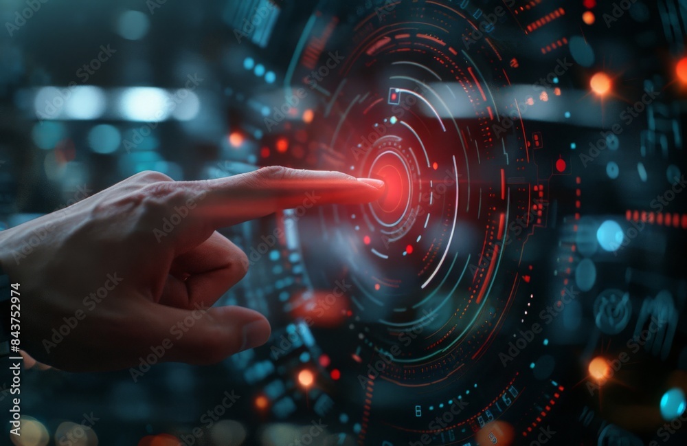 A hand reaches out to touch a glowing red circle in a futuristic interface. A hand reaches out to touch a glowing red circle in a futuristic interface.