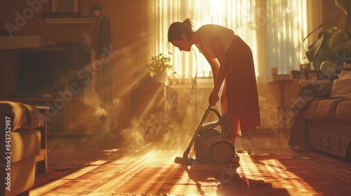 A housewife is seen meticulously vacuuming the living room, ensuring every corner is spotless. The sunlight streams through the window, casting a warm glow on the freshly cleaned floor. She is
