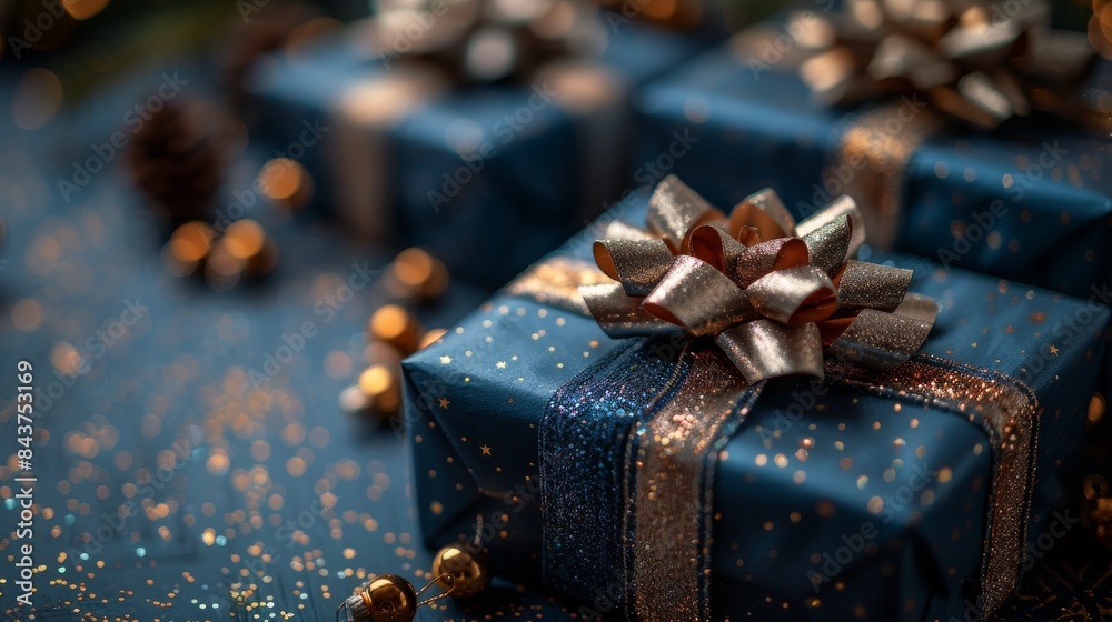 Sparkling blue wrapped presents with shiny bows set amidst holiday decor and gold accents Sparkling blue wrapped presents with shiny bows set amidst holiday decor and gold accents