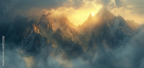 A majestic mountain range bathed in the golden light of dawn. photo