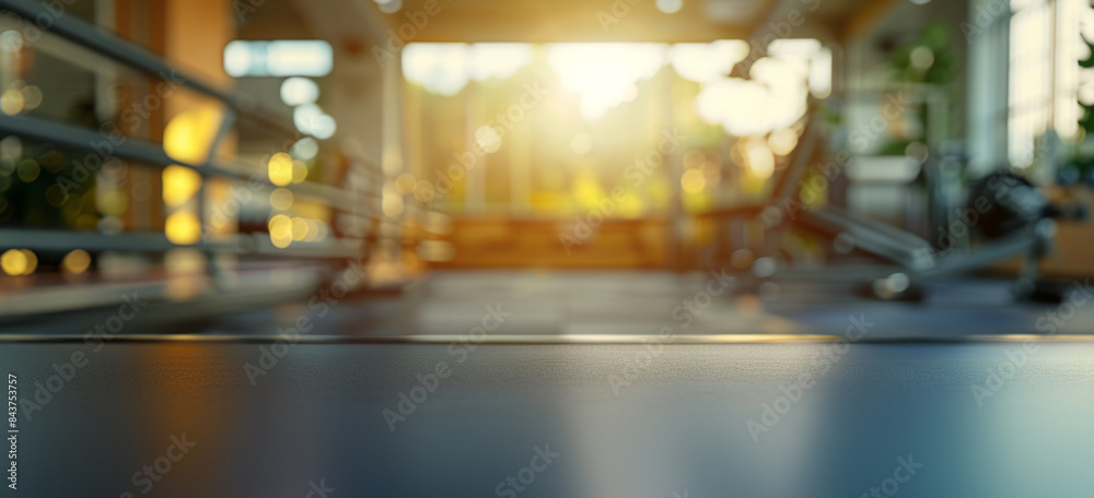 Empty gym interior with sunlight background. Blurred gym background with empty foreground space for product placement.