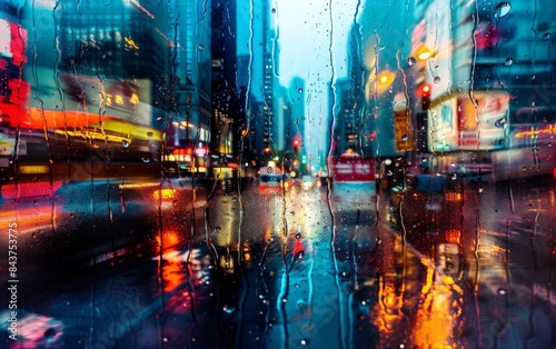 A vibrant cityscape at night  reflecting neon lights in a wet street.  The rain creates a sense of movement and energy.
