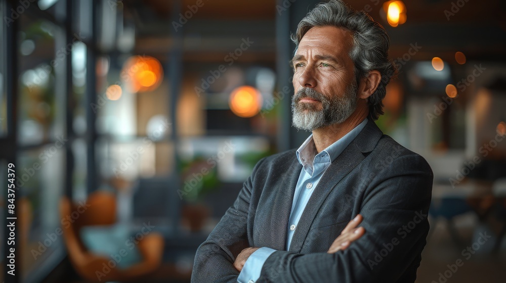 The man, whose face is blurred, gives an impression of confidence with his arms crossed in a modern office setting The man, whose face is blurred, gives an impression of confidence with his arms crossed in a modern office setting