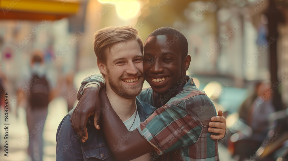 Obraz premium Cheerful friends gay men hugging on a city street, lgbtq community