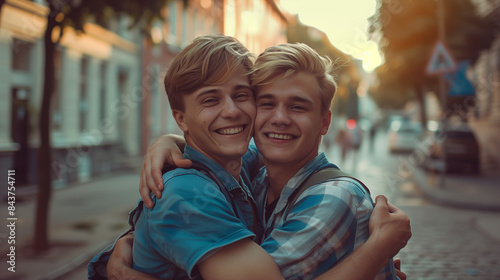 Cheerful friends gay men hugging on a city street, lgbtq community