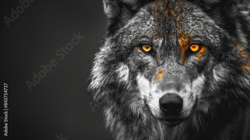 A striking black and white portrait of a wolf, highlighted by selective orange accents that draw attention to its piercing eyes
