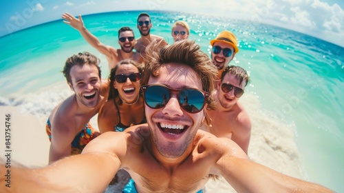 A group of young people taking selfies on sandy beach © Joyce