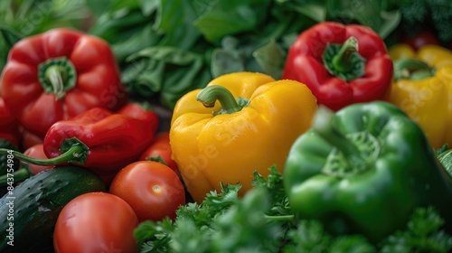 Mix of Three Sweet Red Yellow and Green Peppers with Fresh Vegetables as Background Texture