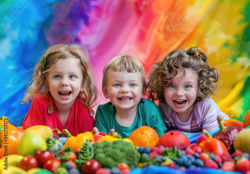 A colorful photo of three children in bright  playful surrounded by an array of fruits and vegetables  symbolizing a healthy eating approach.