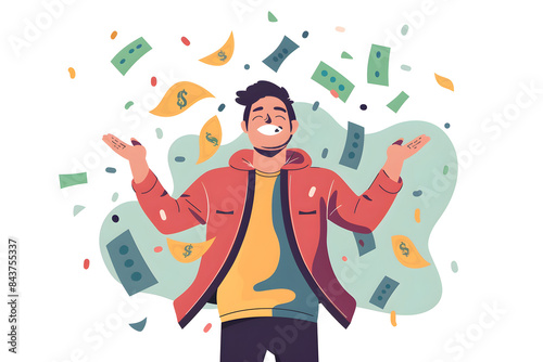 A man with arms raised like in a victory with happy smile. Financial symbols and currency notes flow around him. 