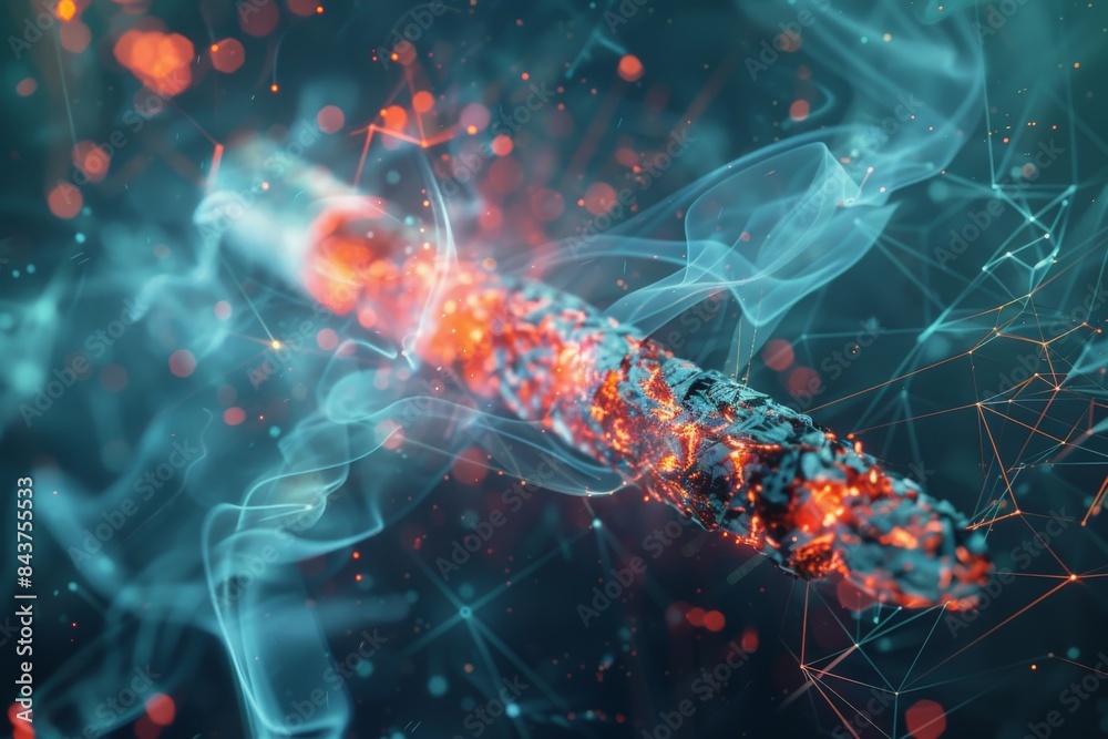 Abstract image of a burning ember with swirling blue smoke and red sparks against a dark background. Abstract image of a burning ember with swirling blue smoke and red sparks against a dark background.