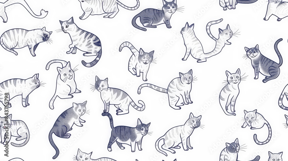 Seamless line pattern of cats in various playful poses, ideal for fabric design Seamless line pattern of cats in various playful poses, ideal for fabric design