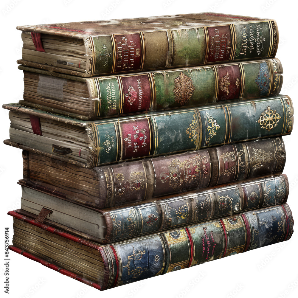 A stack of old books with a red book on top, isolated on transparent background A stack of old books with a red book on top, isolated on transparent background