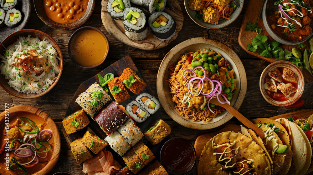 Fototapeta premium Culinary Harmony: Global Vegan Delights Plated with Cultural Fusion