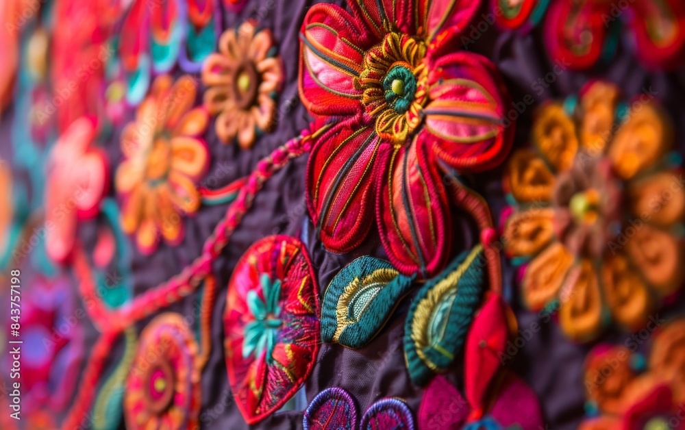 Fototapeta premium Close-up of vibrant, colorful embroidered flowers on a fabric background.