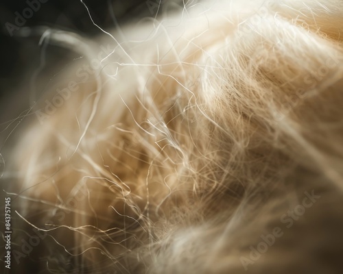 Close-up of soft, fluffy, beige fur texture. Abstract background with delicate fibers.