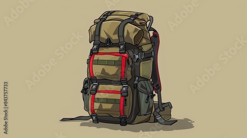 Tactical backpack, flat design, front view, military gear theme, cartoon drawing, Tetradic color scheme photo