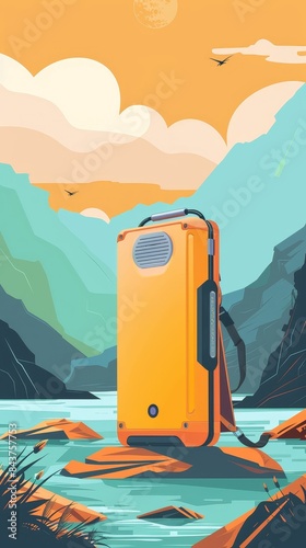 Solar power bank, flat design, side view, camping gear theme, water color, Complementary Color Scheme photo
