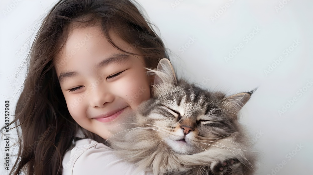 Adorable Korean Girl Cuddles Fluffy Cat,Ideal for Family or Pet Product Promotions Adorable Korean Girl Cuddles Fluffy Cat,Ideal for Family or Pet Product Promotions
