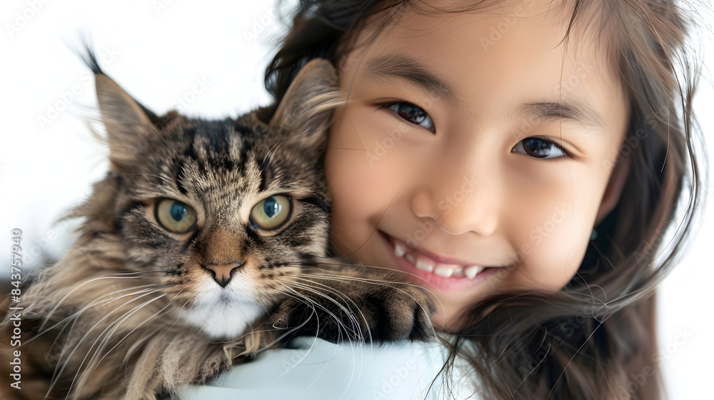 Adorable Korean Girl Snuggling Fluffy Cat on White Background for Family or Pet Promotion Adorable Korean Girl Snuggling Fluffy Cat on White Background for Family or Pet Promotion