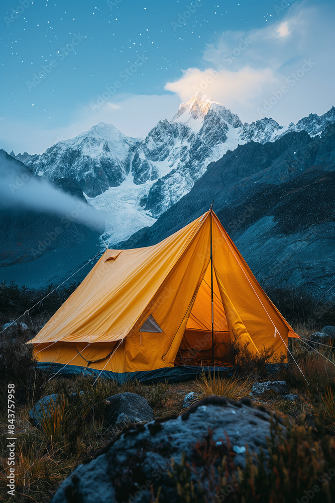 The tent is placed on the empty grass, In the distance were snow-capped mountains under the night sky, The simple picture is super clear and surreal