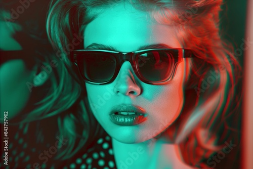 A fashionable woman with striking makeup and sunglasses presented in a dramatic red and cyan 3D anaglyph effect