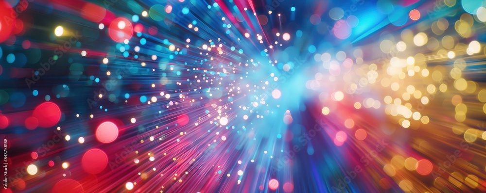 Fototapeta premium Bokeh and light trails in vibrant colors top view communication and data transfer scifi