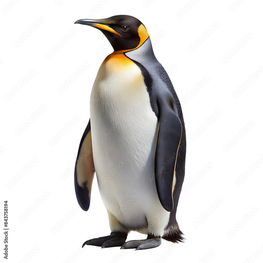 Fototapeta premium a single emperor penguin standing against a plain white background. The penguin has a black head with bright orange patches on either side of its neck