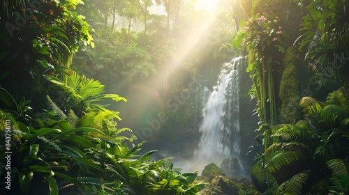 Waterfall in deep tropical rainforest with green plants, moss, ferns.
