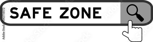 Search banner in word safe zone with hand over magnifier icon on white background