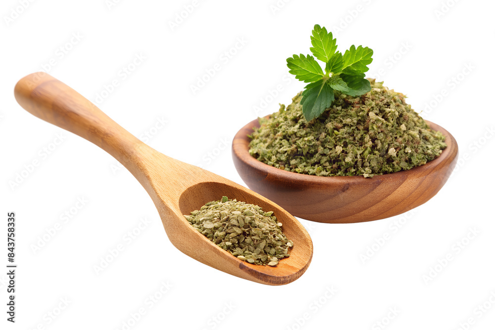 marjoram fresh and dry in a wooden spoon isolated on white and transparent png marjoram fresh and dry in a wooden spoon isolated on white and transparent png