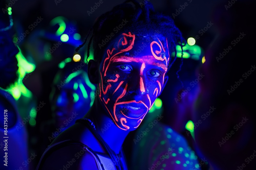 Group of people enjoying a vibrant party atmosphere with vivid blue and purple lighting Group of people enjoying a vibrant party atmosphere with vivid blue and purple lighting