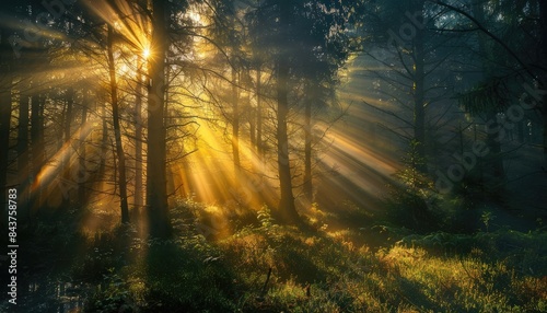 Spectacular sun rays shining through woods and tree in the dense forest. Green and lust forest on a beautiful summer day