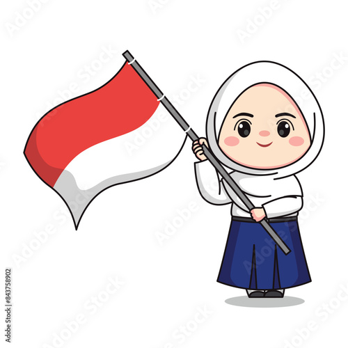 Indonesian student junior high school holding flag cute hijab girl character