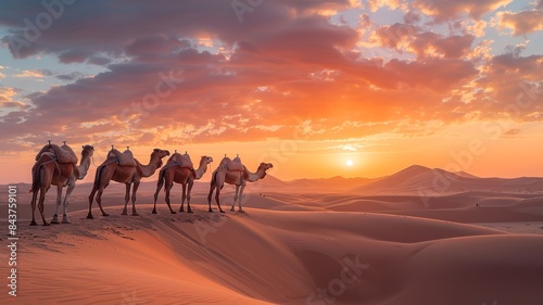 Embark on a visual adventure as a caravan of camels traverses the expansive desert landscape  with vast stretches of sand and distant dunes creating a mesmerizing scene of ancient nomadic travel