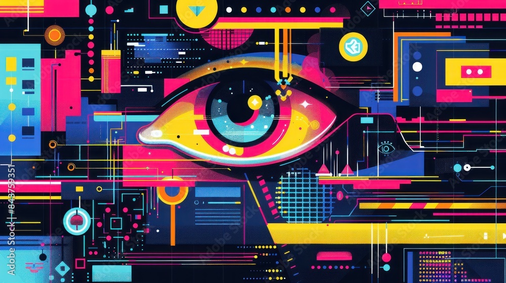 Fototapeta premium A vibrant pop art style illustration showcasing a futuristic search engine interface with bold and contrasting colors The composition includes various technological elements such as digital screens,