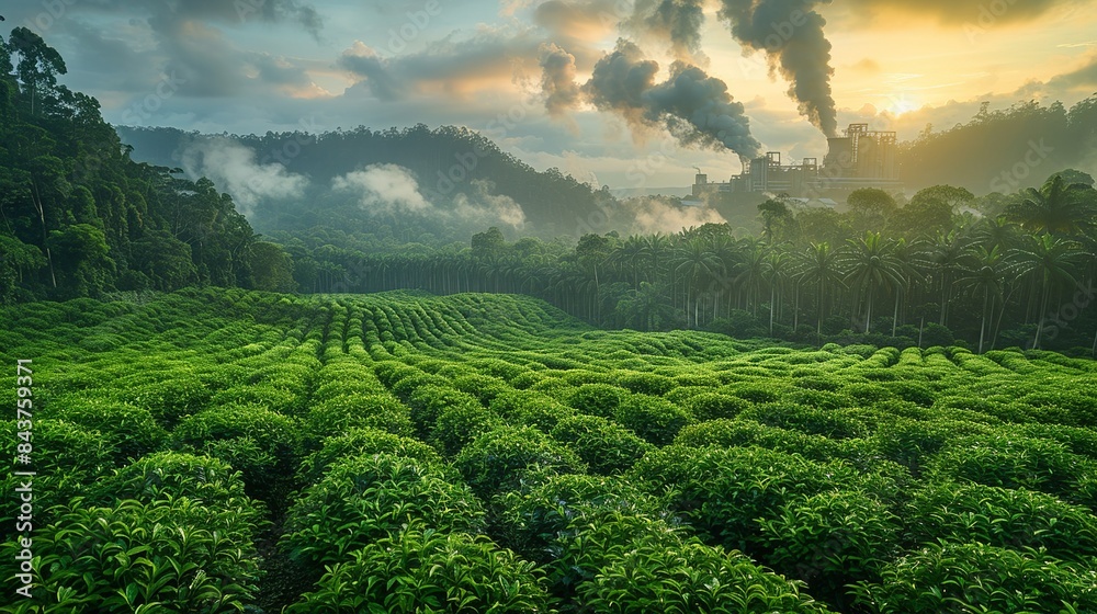 Fototapeta premium A serene landscape showcasing a lush green forest, juxtaposed with a nearby factory emitting thick, dark smoke into the sky, highlighting the impact of industrial pollution on natural beauty.