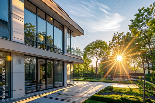 /imagine: Morning view of a luxurious modern suburban style house with large glass windows, sunlight illuminating the facade, and a beautifully landscaped garden, captured by an HD camera.