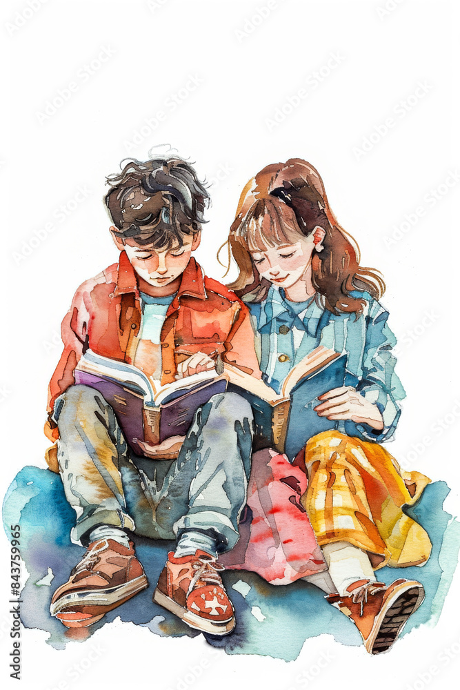 Reading in Watercolor. Generated image. A digital illustration of a boy and a girl sitting together each reading a book in a watercolor painting style. Reading in Watercolor. Generated image. A digital illustration of a boy and a girl sitting together each reading a book in a watercolor painting style.